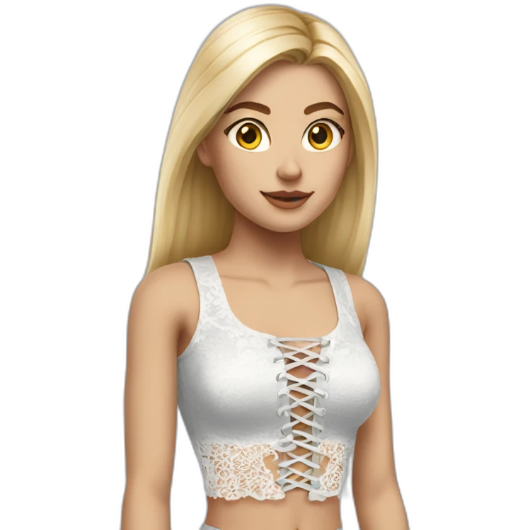 hyperrealistic caucasian female, long straight blonde hair, white lace up crop top, grey mini skirt, body view emoji