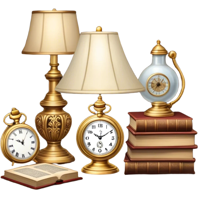 Icon for Antiques Collecting: a vintage pocket watch, an old ornate lamp, and a porcelain figurine, all placed on a wooden table surrounded by aged books and a magnifying glass. The icon should evoke the elegance and history of antique collecting. Transparent background. emoji