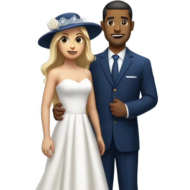 Puerto rican beard short hair with blue hat and navy blue suit getting Married with blond long hair girl with white  wedding dress  emoji