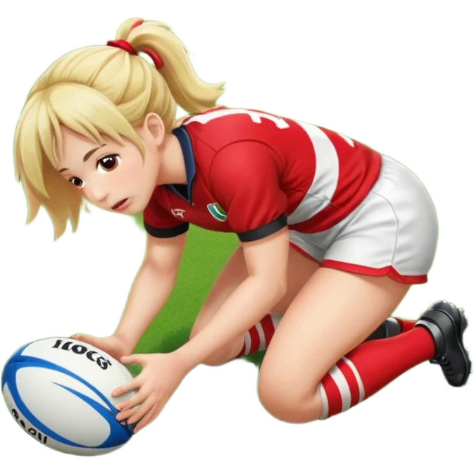 Chica de pelo rugby tirada en el suelo de un campo de rugby boca abajo agarrando un balón con las manos vestida con una equipación de color rojo y blanco con líneas y con unas botas de tacos de fútbol, con un bucal en la boca emoji