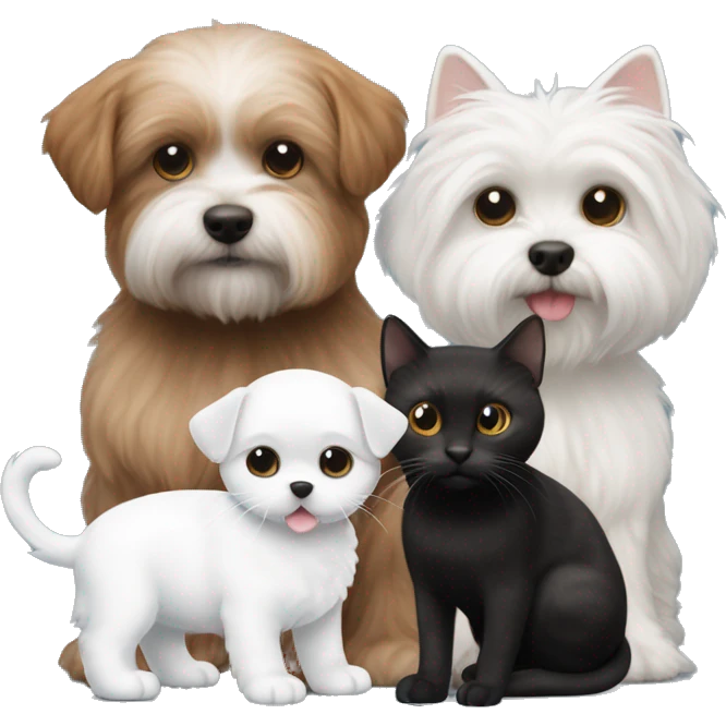 White bichon maltese playingi with one black cat and two brown fat squirels emoji