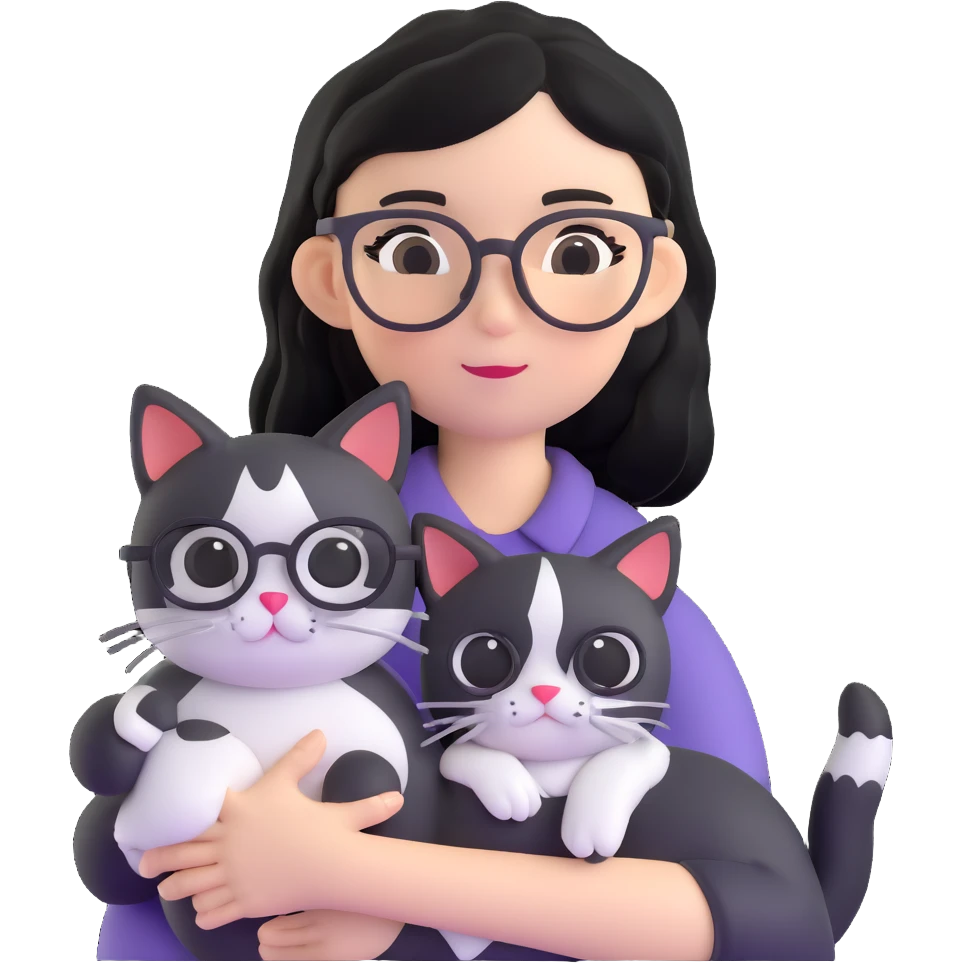 Girl with black hair wearing glasses holding a black and white cat emoji