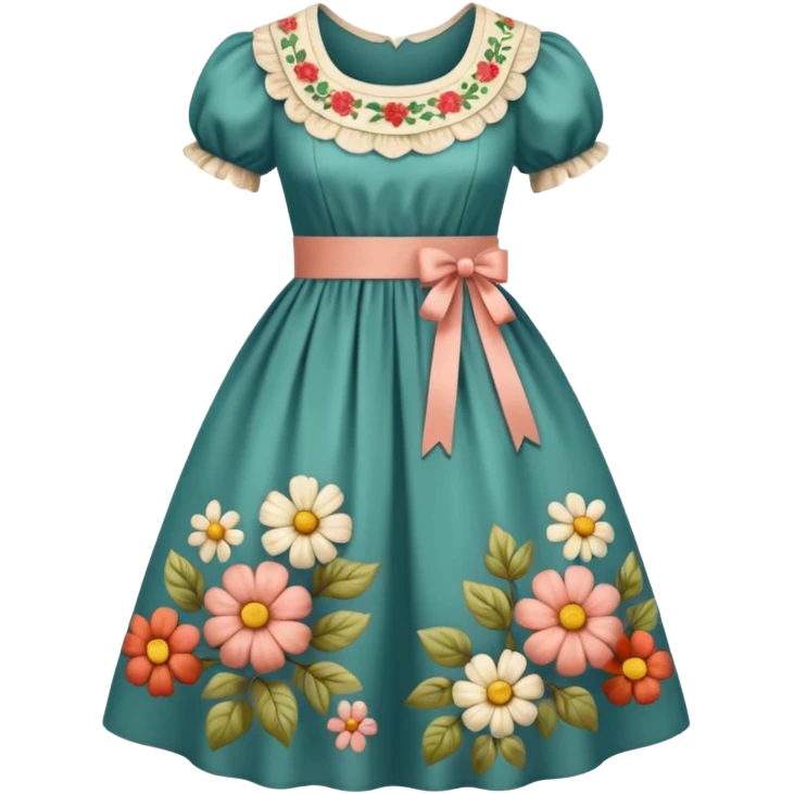 Cottagecore style ultra realistic highly detailed with vintage material, cottagecore style floral dress. No human figures, no emoji icons, no emoji faces. Isolated, dress emoji
