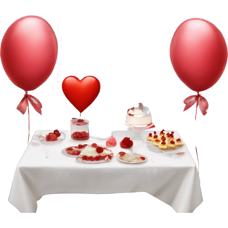 Red romantic party setting for two people and heart balloon  table with white cloth and candle with bows on the table and white Korean cake with black bows  emoji