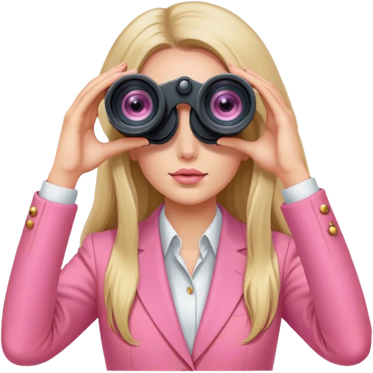 futuristic-looking woman with long hair in an intensive color pink suit looking through two-eye binoculars emoji