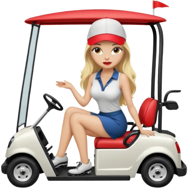 Sexy blond female. Long hair. Red lips. Big boobs. Naked boobs. Short skirt. Playing golf. Sexy pose. Topless. Naked . No clothes. Completely naked. Only golf cap. In golf cart emoji