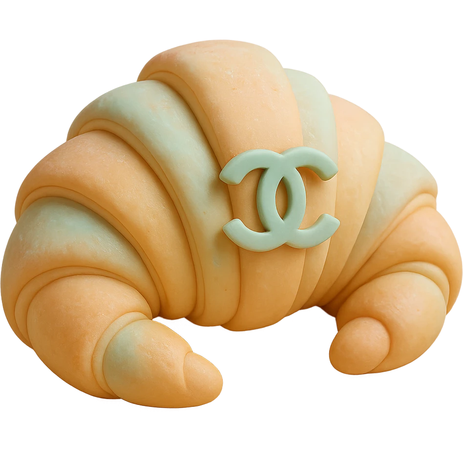pastel fondant cake art style Chanel croissant with a small edible logo emoji