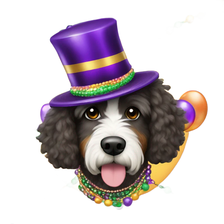 Bernedoodle dressed for Mardi Gras emoji