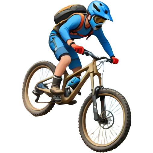 A thrilling downhill mountain biking scene! A rider in full gear speeds down a steep rocky trail, kicking up dust. The rugged mountain landscape surrounds them, with towering peaks, evergreen trees, and a bright blue sky. The rush of adventure is in the air. Transparent background. emoji