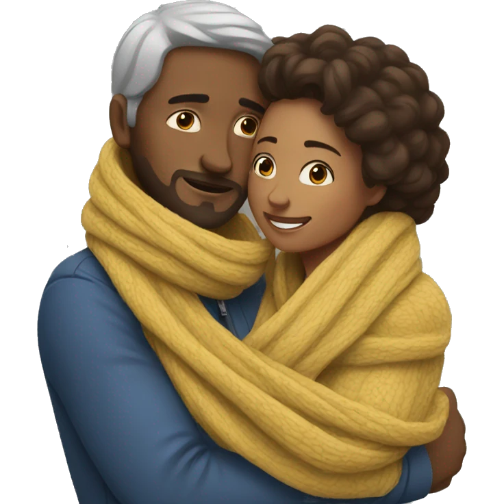 Man tightly hugging woman with scarf emoji