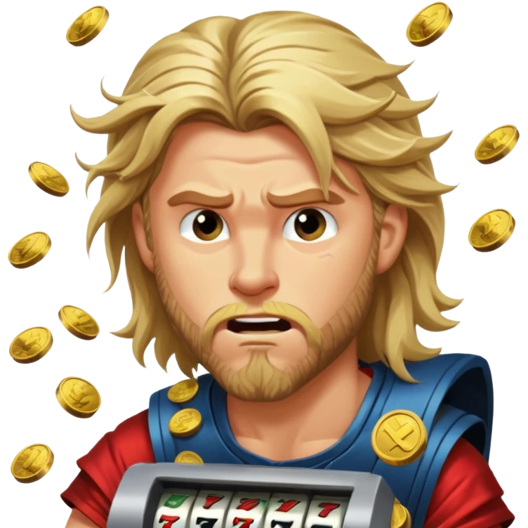 disheveled Thor losing money at a slot machine, panicked face, coins flying emoji
