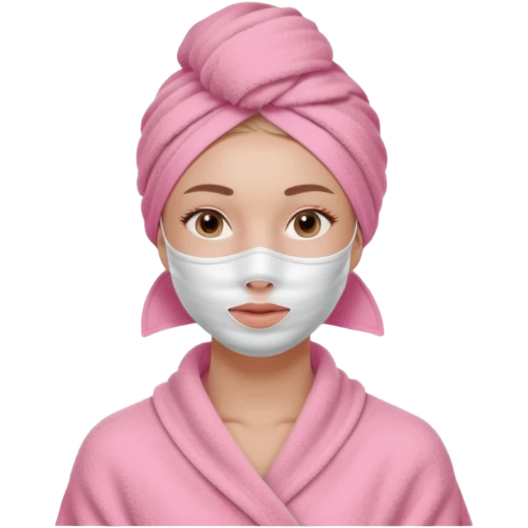 Clean girl influencer character, chest-up portrait, wearing a pink towel wrapped around the head, facial skincare mask on face, relaxed confident expression, soft glow skin, minimal chic aesthetic, subtle beauty accessories, calm self-care vibe emoji
