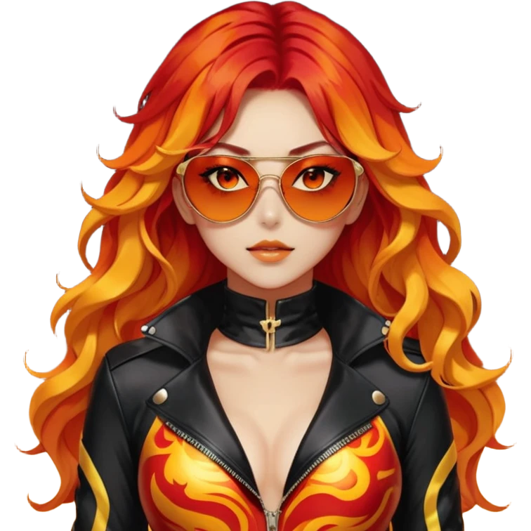Beautiful gorgeous anime lady with beautiful fiery long fiery-warm-red-orange-yellow-gradient-wavy-special-hair, fashion aesthetic, black sunglasses, accessories, gold jewelries, red-and-yellow sunny-pattern-eyes, black latex-suit, biker-woman, cool, badass emoji