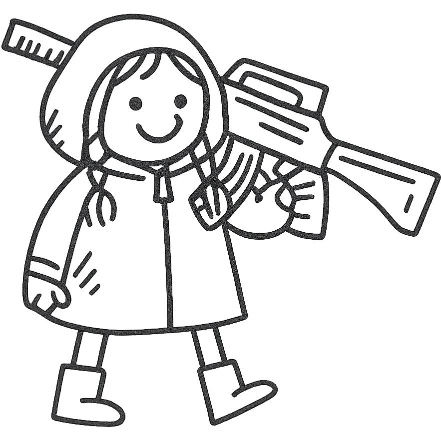 playful stalker girl with a comically large machine gun emoji