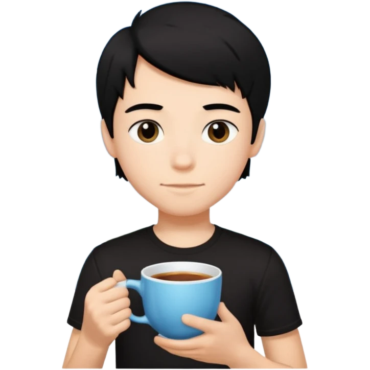 The boy teen have a black hair, and black T-shirt with a cup of tea. Sky blue background  emoji