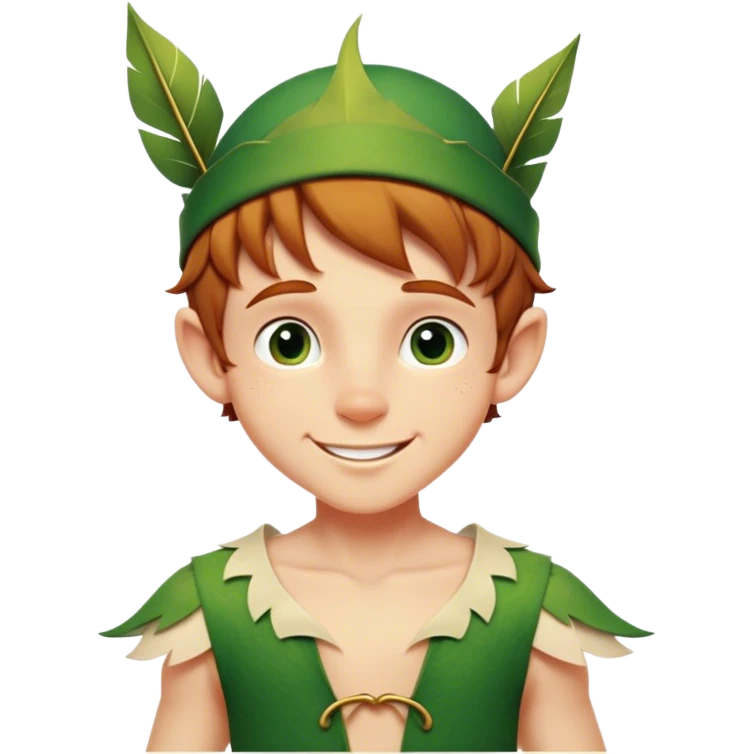 Cinematic Realistic Peter Pan Portrait, head tilted playfully and inquisitively, capturing his mischievous smile and twinkling eyes. The intricacies of his whimsical attire and the soft interplay of natural light bring to life his adventurous energy and childlike charm with a hint of daring strength. emoji