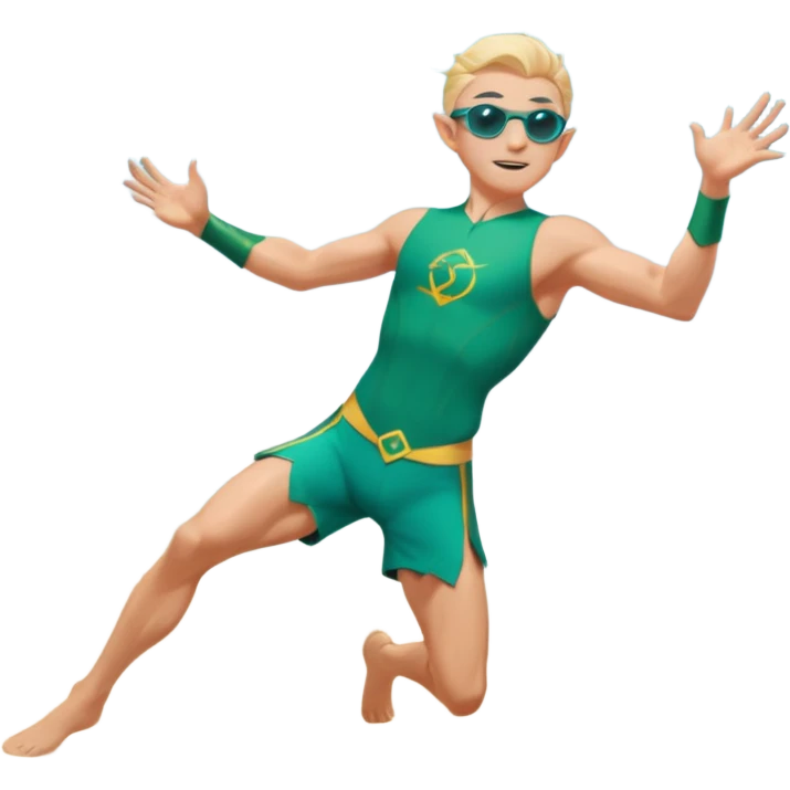 elf male legolas mid-action throw, launching a frisbee woven from pure sunlight, wearing sporty teal swim shorts and performance sunglasses, athletic pose, pointy ears, dynamic motion lines, beach sky backdrop, centered emoji emoji