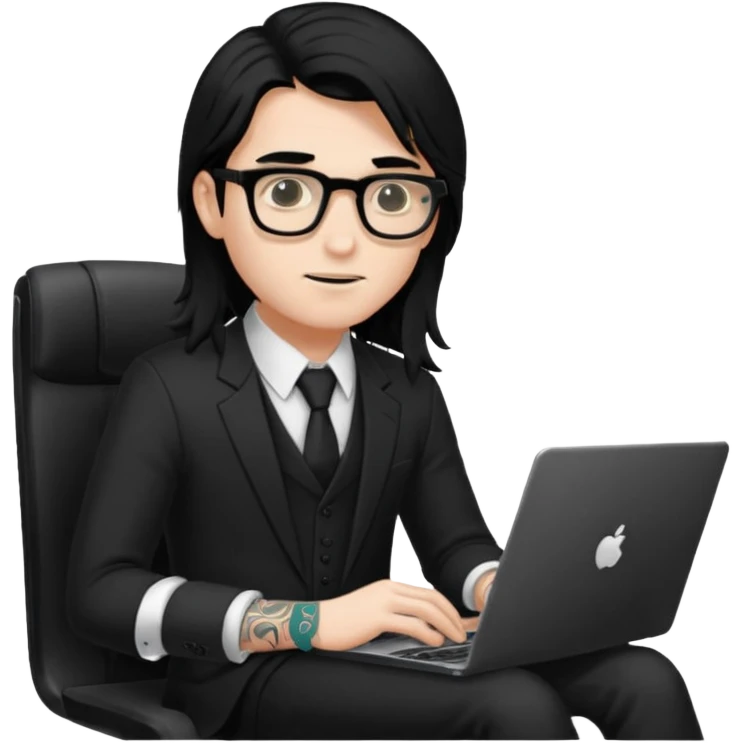 a young man with long black hair, with formal cloth, wearing glasses sitting with a laptop, tattoo inyout arms emoji