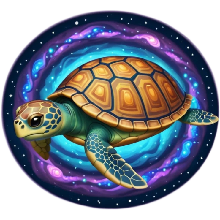 Quasar Turtle emoji – full body, massive cosmic turtle with glowing shell like a galaxy vortex, star patterns, cosmic energy aura, slight side angle emoji