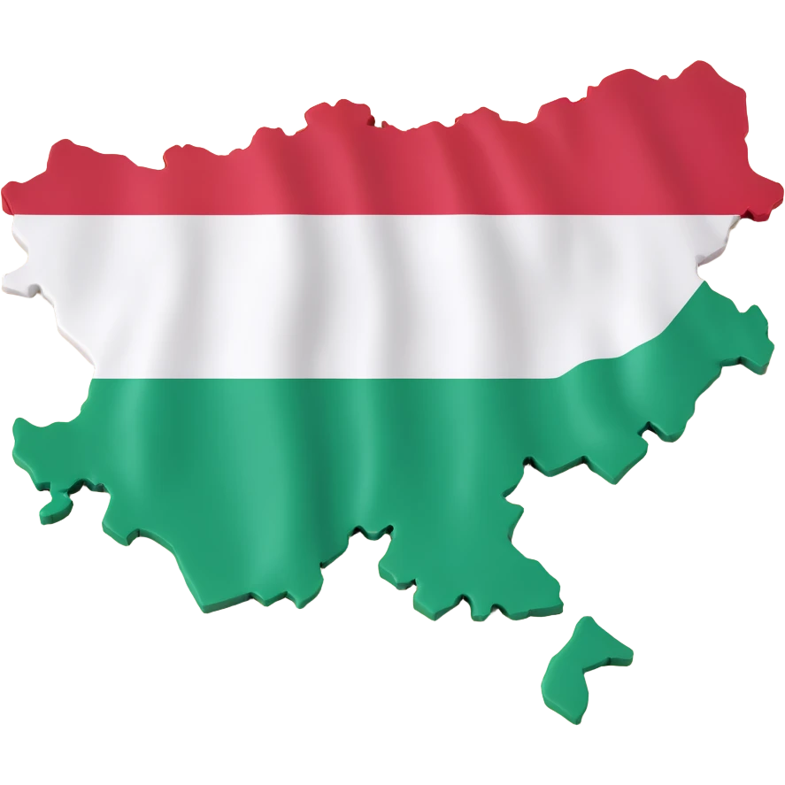 3D illustration of Hungary's map with the Hungarian flag colors clearly visible and vibrant on the terrain emoji
