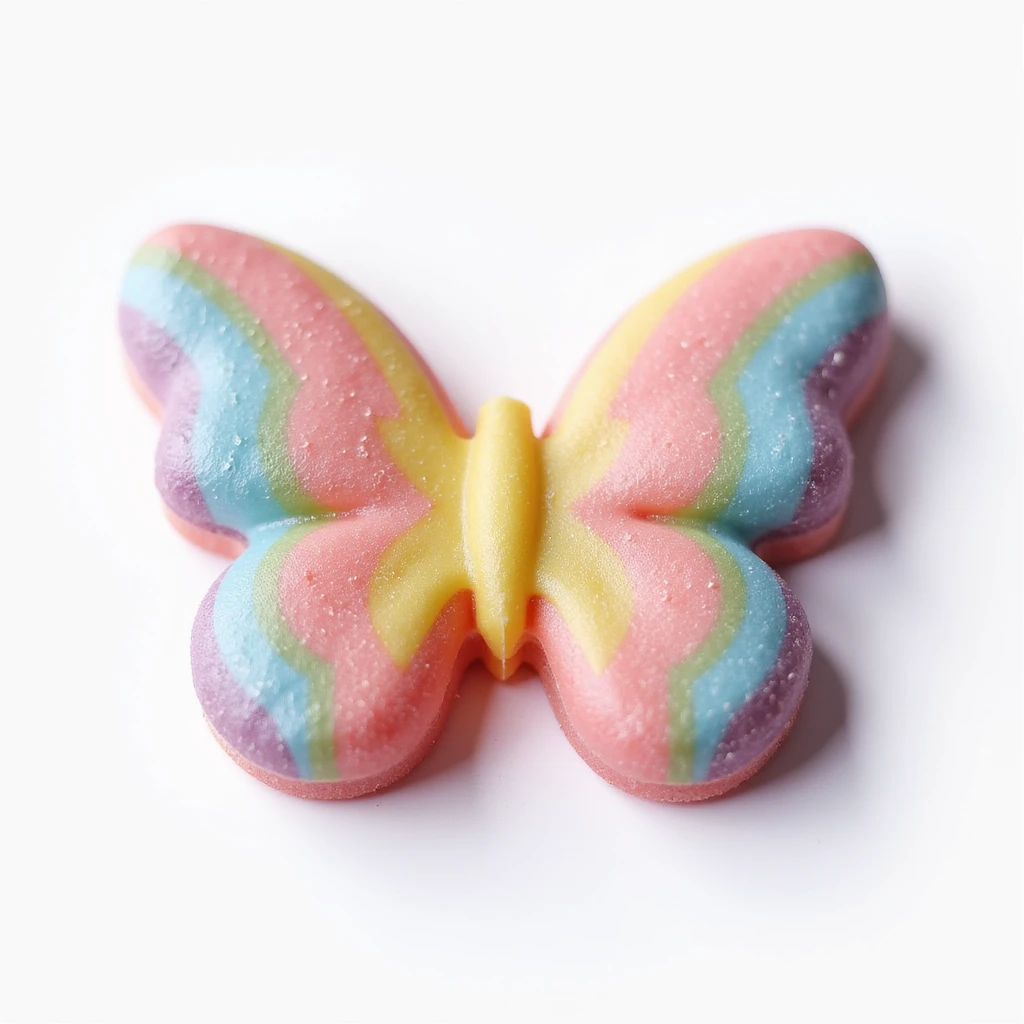 realistic butterfly-shaped candy with a pastel rainbow gradient, isolated on a transparent background, no visible background emoji