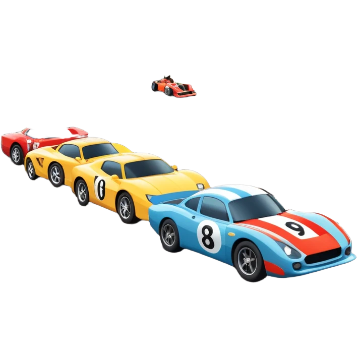 Sporty cars and motorcycles lined up at the starting line, ready to race, with a vibrant racetrack in the background. The scene includes grandstands filled with cheering crowds, checkered flags waving, and traffic lights signaling the start, with a thrilling atmosphere of anticipation and speed. emoji