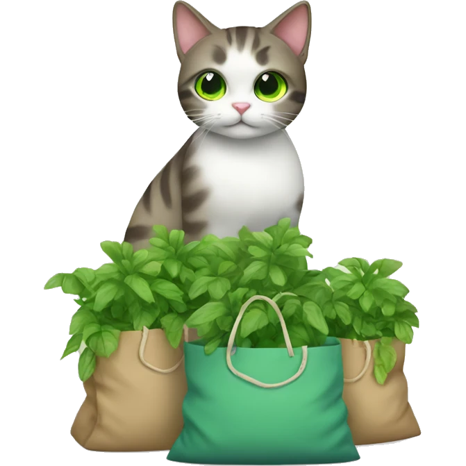 cat with bags of green plants emoji