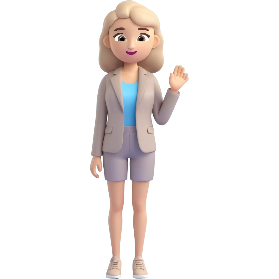 Transform the reference image into a cool, neutral-toned Gen Z woman in a 3D emoji style. Use muted grays, beiges, and soft blues for the outfit. Make the look minimal and modern with a 3D emoji-like face and features. Keep the pose confident and stylish, reflecting a contemporary vibe. emoji