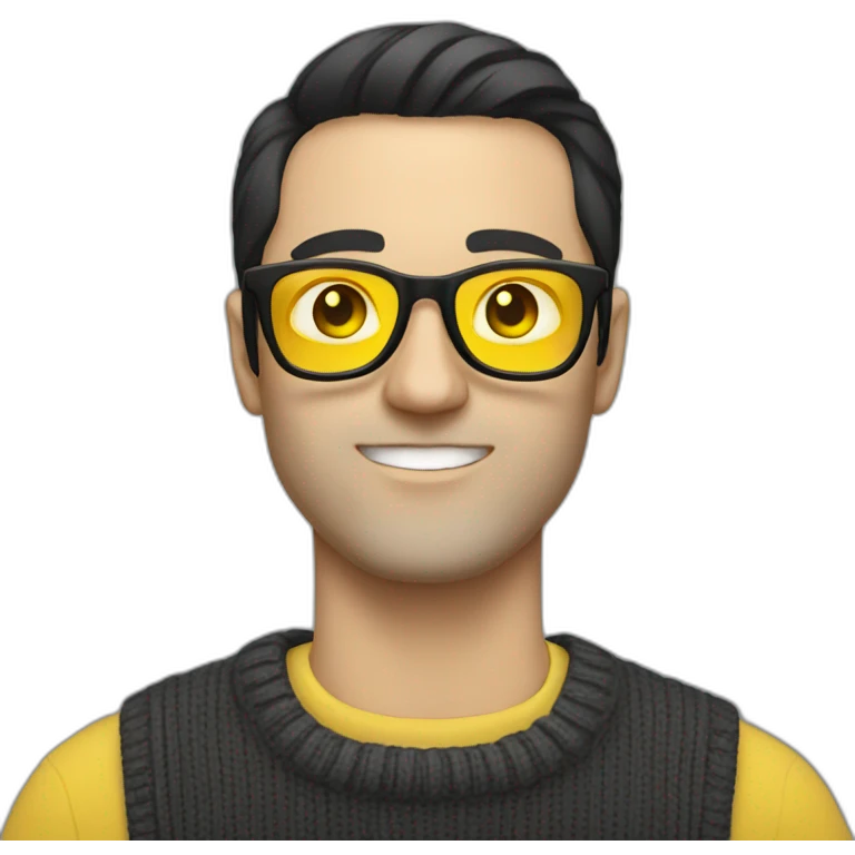 White man with yellow tinted glasses and black hair in a jumper emoji