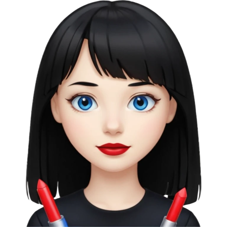 20 yr old woman long straight black hair, pale skin, blue eyes, red lipstick, black clothes, small smile, bangs emoji