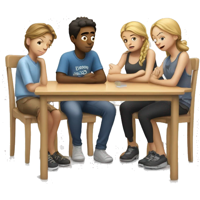Two tired boys and two tired girls sit on a chair in front of a table emoji