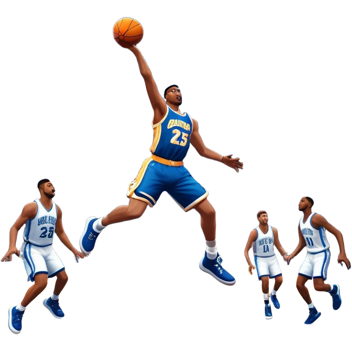 An icon featuring a basketball court with players in action, inspired by NBA 2K25. A player jumps for a dunk, with the ball mid-air. Bright lights illuminate the court, symbolizing the excitement of sports simulation games. Transparent background emphasizes the energy. emoji