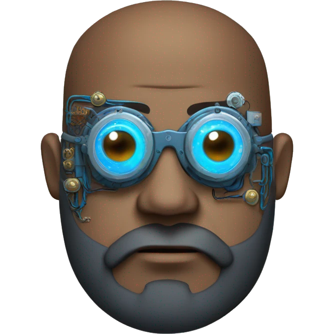 Bearded Fat bald cyborg head with brown skin, blue steampunk goggles and circuits emoji