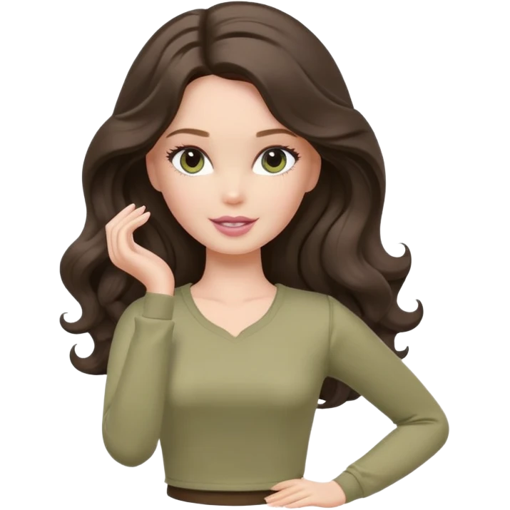 A white Barbie girl with long dark brown wave hair in a pale olive clothes doing stretching  emoji