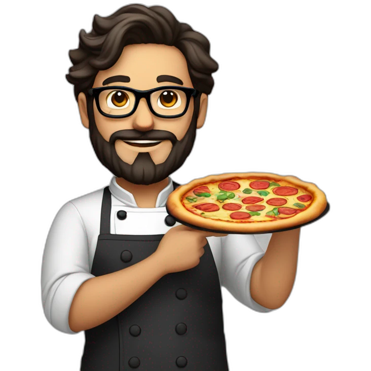 Dark haired 30 years old chef with beard and big glasses proudly holding a pizza emoji