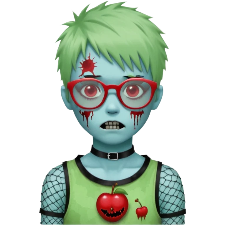 White hair, Ghoulia yelps monster high doll in scene/emo style cherry print dress with fishnet sleeves, clothes, thin, small, red, rectangle glasses, pale white-blue skin, pale-green shaggy short hair , zombie scars , boy, punk choker emoji