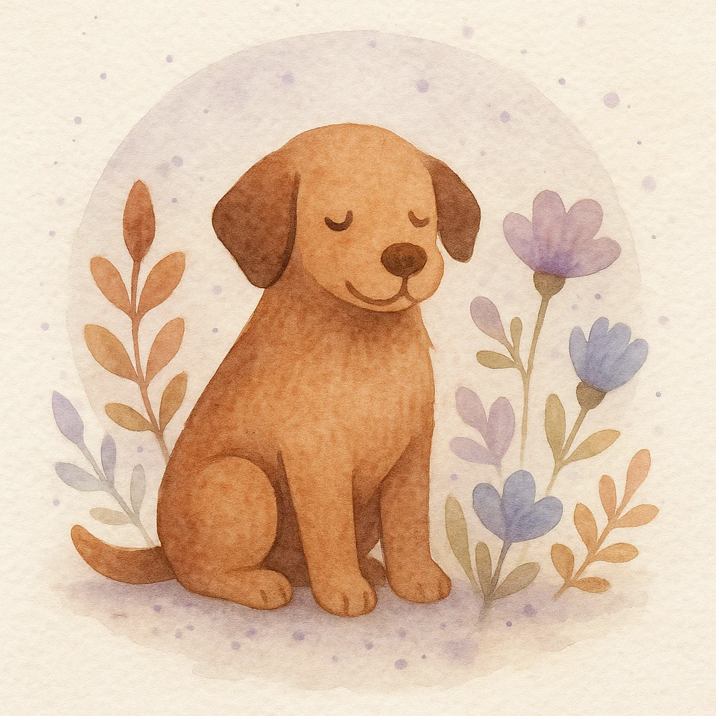 <systemPrompt>
  <style name="Watercolor Botanical Illustration">
    <medium>Watercolor</medium>
    <texture>
      <paper>Soft cotton texture, subtle grain</paper>
      <wash>Transparent color washes with visible layering</wash>
    </texture>
    <palette>
      <primary>Muted earth tones (browns, reds)</primary>
      <accent>Pastel purples and blues</accent>
      <background>Faded lavender wash with scattered dots</background>
    </palette>
    <details>
      <linework>Minimal, soft edges, no outlines</linework>
      <shading>Natural blending, subtle tonal gradients</shading>
      <features>
        <botanical>Organic shapes, abstract leaf and petal structures</botanical>
        <animal>Round forms, friendly expressions, simplified anatomy</animal>
      </features>
    </details>
    <composition>
      <focus>Centered subject</focus>
      <background>Soft circular watercolor wash</background>
      <spacing>Balanced with gentle whitespace</spacing>
    </composition>
    <atmosphere>Whimsical, serene, hand-painted</atmosphere>
  </style>
  <instructions>
    Use this style for all elements in the image. Ensure the soft watercolor texture is preserved across both the subject and background. Emphasize organic, natural forms with minimal sharp detail.
  </instructions>
</systemPrompt>

{subject} = dog emoji