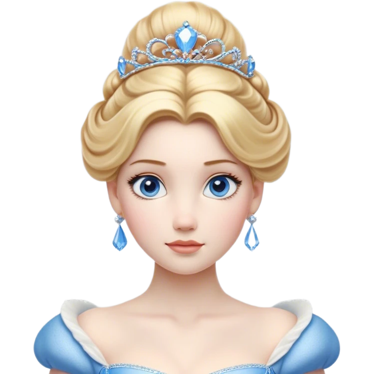 Cinematic Realistic Noble Cinderella Portrait, depicted with porcelain skin rendered in lifelike detail and soft, natural lighting that highlights every delicate nuance. Her intricately styled golden-blonde hair is arranged in an elegant updo, and her deep, expressive blue eyes radiate quiet determination. She wears her classic ball gown with rich fabric textures and delicate folds catching the light beautifully, all set against a subtly glowing, natural background that captures the essence of timeless royal grace. emoji