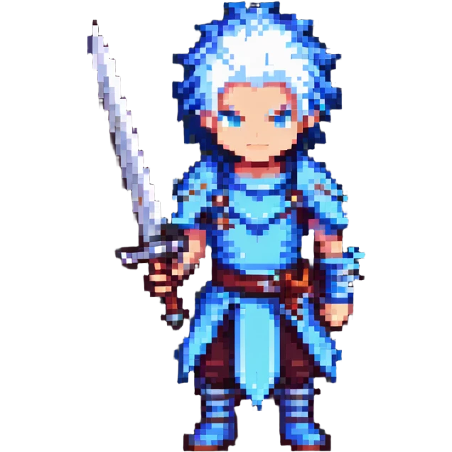 pixel art JRPG character with spiky hair and a large sword, inspired by Cloud Strife emoji