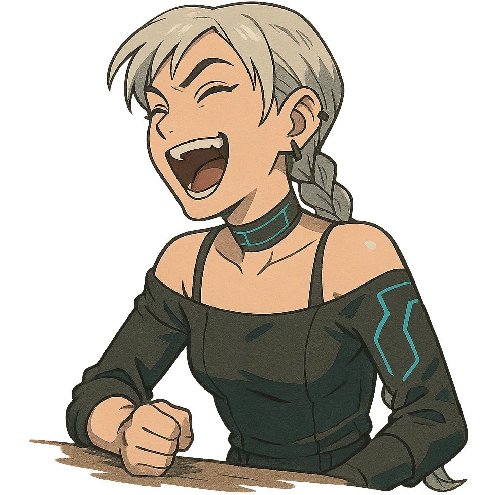  she is laughing outrageously and pounding her fist on the table, eyebrows pointed up, a closeup portrait of young woman with gold yellow eyes, white hair, long braid, black off-shoulder top, punk gothic style, futuristic cyberwave cyberpunk, sitting position
 emoji