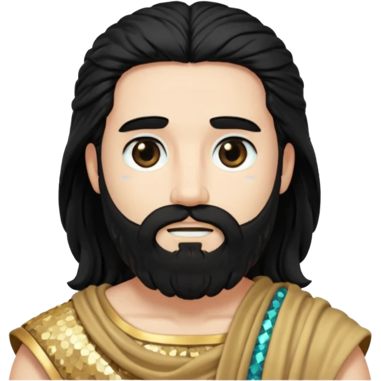 Pluto from Roman Deities with long black hair and beard, black sequin toga emoji
