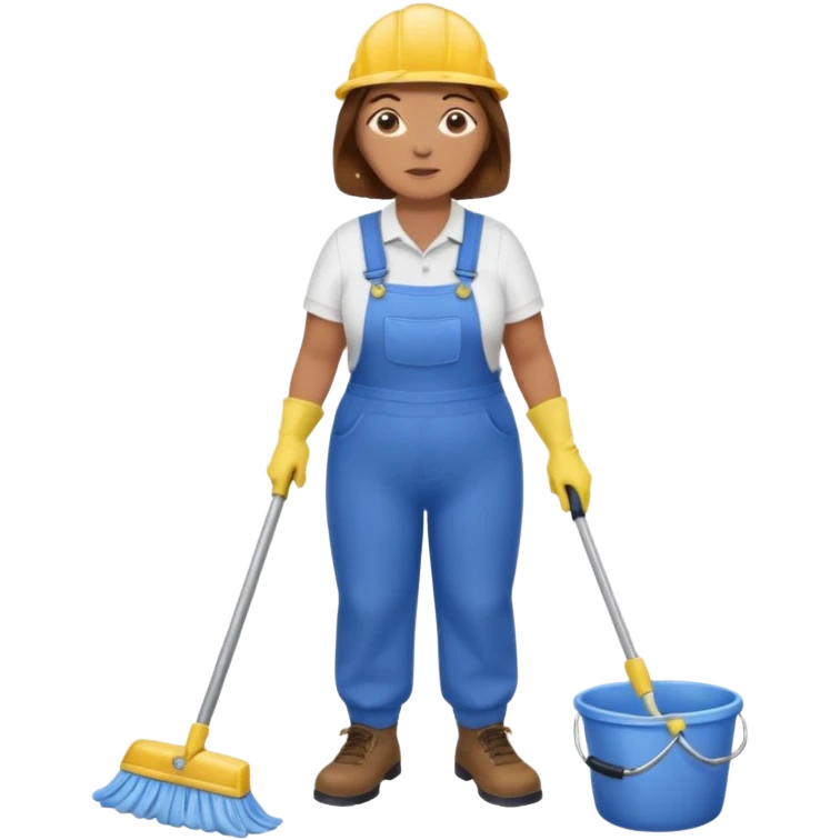 old and fat women, brown hair, Custodian with yellow rubber gloves, white T-shirt, blue overalls, mopping floor emoji
