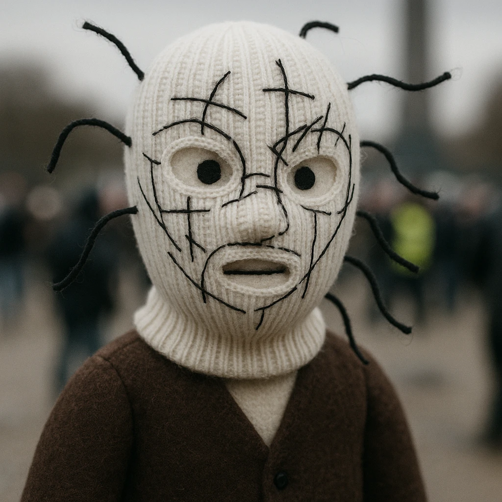 The mask is a full-head, white knitted balaclava with a tight ribbed texture. It features two asymmetrical eye openings and a partially exposed mouth area. Black thread is stitched across the surface in chaotic, abstract lines that trace facial features, giving a hand-drawn effect. Several black cords extend outward from the mask, varying in length and direction, adding a sculptural, almost organic appearance. The overall look is bold, handcrafted, and visually striking. emoji