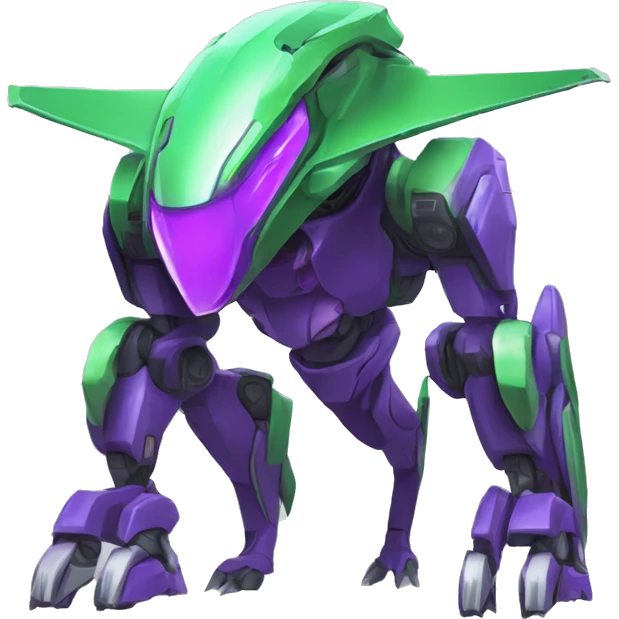 a purple-green Genesect-Raptor-Fakémon—hybrid with a futuristic visor-helmet full body emoji