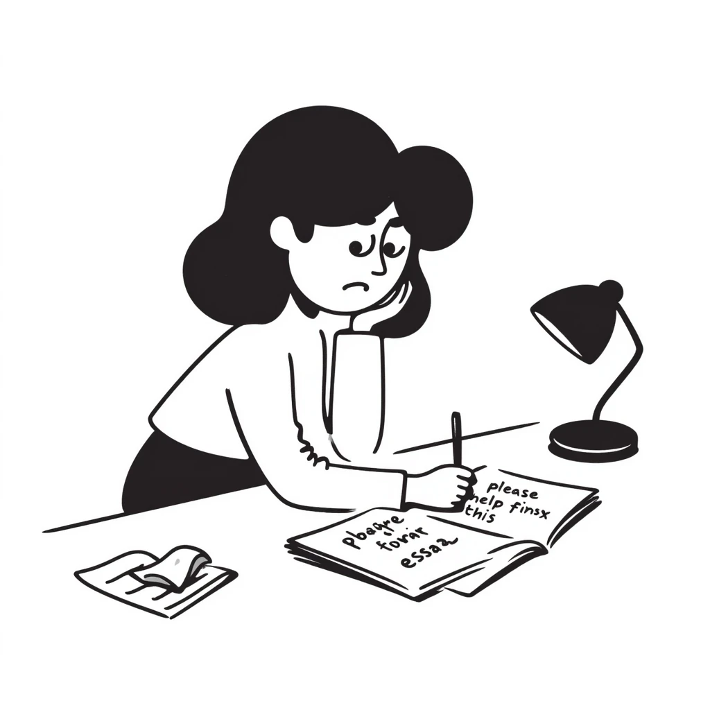 Stressed student writing an essay that begins with "Dear God, please help me finish this essay" in sketchy handwriting emoji