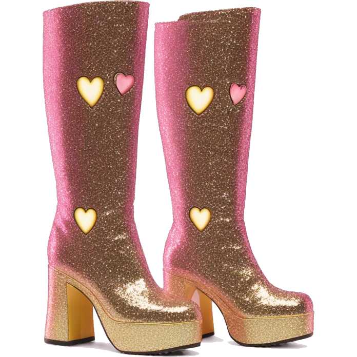 glittery platform knee high gogo boots with heart cutout on side emoji