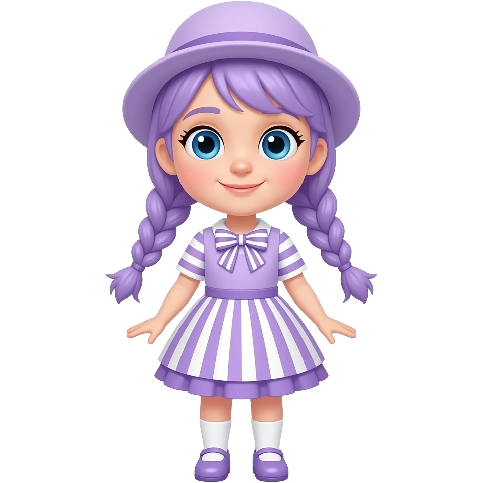 A girl with pale purple hair tied in two braids, and blue eyes and wearing a pale purple dress with pale purple and white striped sleeves, a pale purple and white striped skirt with a pale purple frill, a pale purple and white striped bow, a pale purple hat, white socks and pale purple shoes. emoji