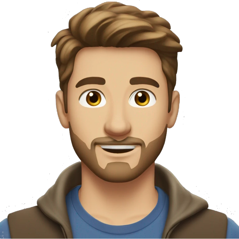 A handsome 25 year old man with middle parted fairly short brown hair, brown eyes, a very light goatee beard outdoors emoji