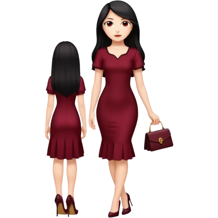 Chica blanca ,ojos marrones, vestido granate muy largo sexy manga corta,  cuerpo entero pelo negro y largo zapatos negros tacon emoji