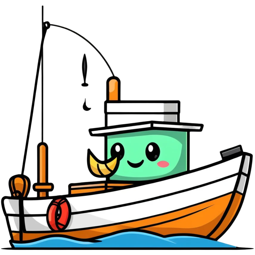 A cartoon fishing boat with a friendly face and tiny fishing rod emoji